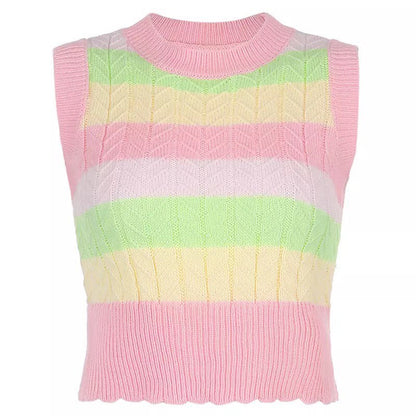 Cute Pink Rainbow Stripe Tie Dye Sleeveless V Neck Knit Vest Sweater Top Pullover Autumn Aesthetic E-Girl Kawaii Korean Japanese Harajuku Streetwear