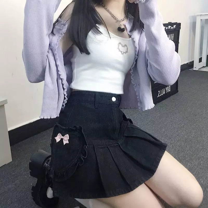 Cute Black Heart Bow Pocket Denim Mini Skirt High Waisted Pleated Aesthetic Goth Casual Summer E-Girl Kawaii Korean Japanese Harajuku