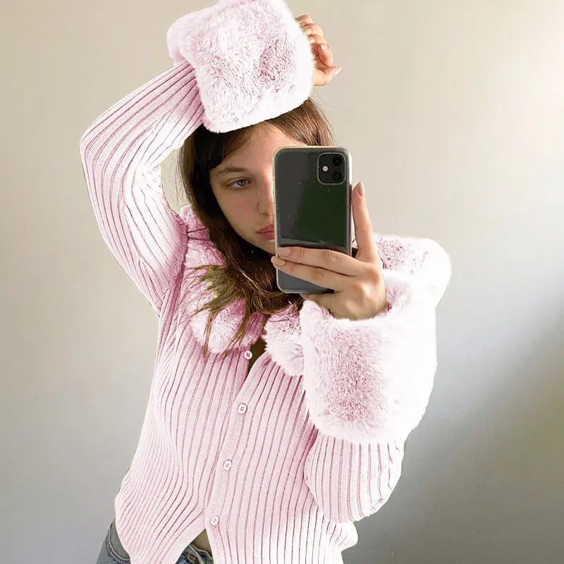Pink Faux Fur Collar Long Sleeve Shirt