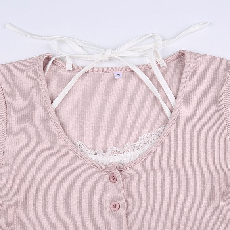 Pink Lace Patchwork Button Crop Top