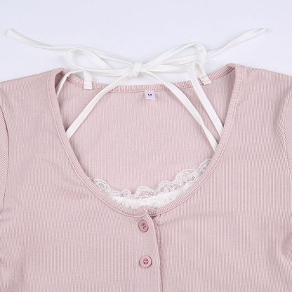 Pink Lace Patchwork Button Crop Top