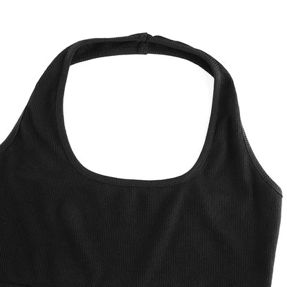 Cute Sexy 2pcs Set Black Halter Crop Top Tank Buckle Long Sleeve T-shirt Tracksuit Summer Aesthetic Casual E-Girl Kawaii Korean Japanese Harajuku