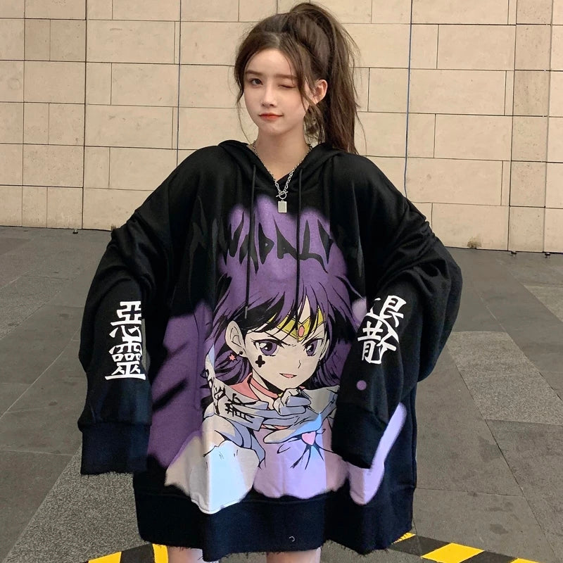 Cute Purple Anime Girl Graphic Print Oversize Long Sleeve Shirt Hoodie Punk Goth Aesthetic Casual E-Girl Kawaii Korean Japanese Harajuku