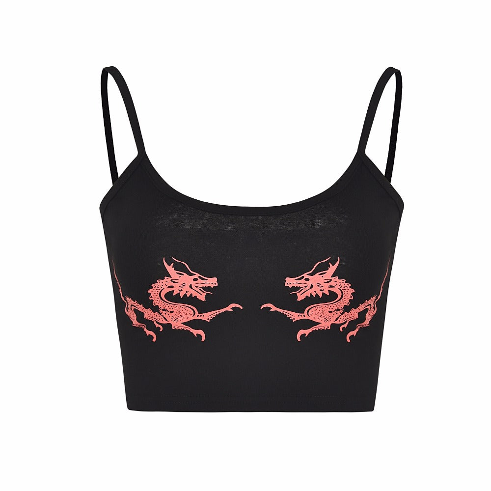 Cute Sexy Casual Dragon Sleeveless Tank Crop Top Shirt Tee T-shirt E-Girl Kawaii Korean Japanese Harajuku Chinese Retro Streetwear Aesthetic