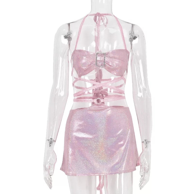 Cute 2pc Set Pink Glitter Fairy Crop Top + Mini Skirt Sexy Club Party Rave Summer Aesthetic Casual E-Girl Kawaii Korean Japanese Harajuku