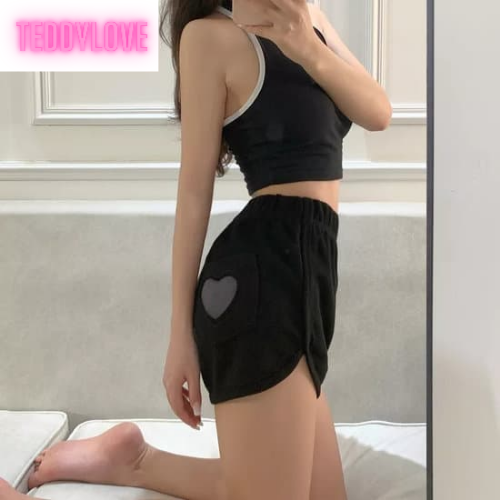 Cute Sweet Love Heart Cut Out High Waisted Shorts loose Gym Bottoms Aesthetic Casual Summer E-Girl Kawaii Korean Japanese Harajuku