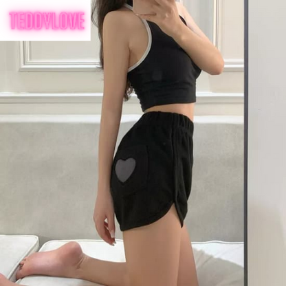Cute Sweet Love Heart Cut Out High Waisted Shorts loose Gym Bottoms Aesthetic Casual Summer E-Girl Kawaii Korean Japanese Harajuku