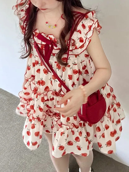Apple Print Ruffle Mini Dress