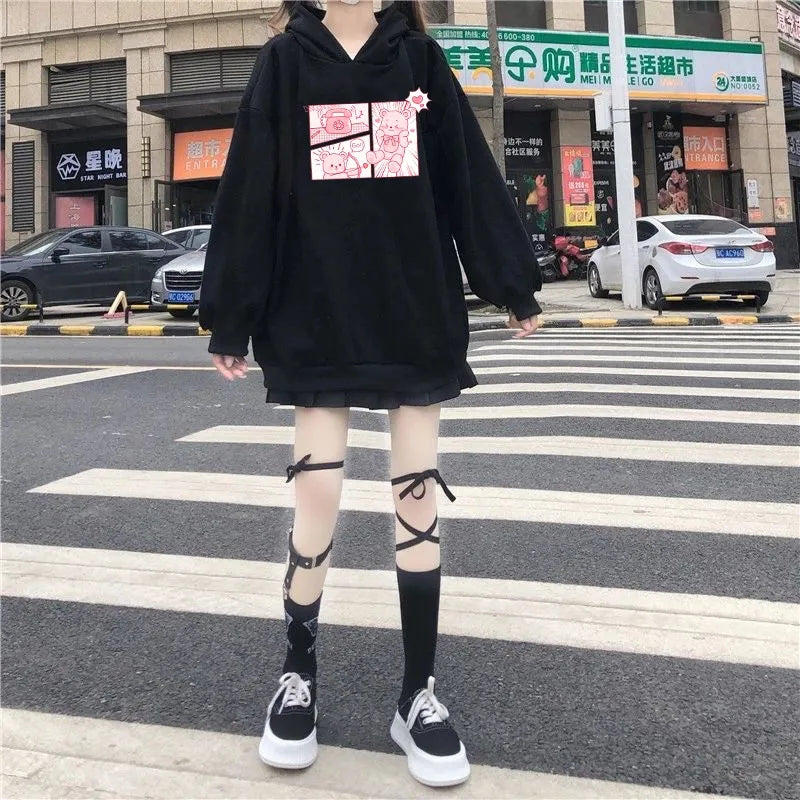 Pink Bear Cartoon Print Hoodie