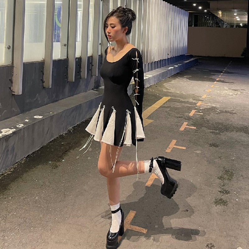 Black Lace Up Splice Fold Bodycon Dress