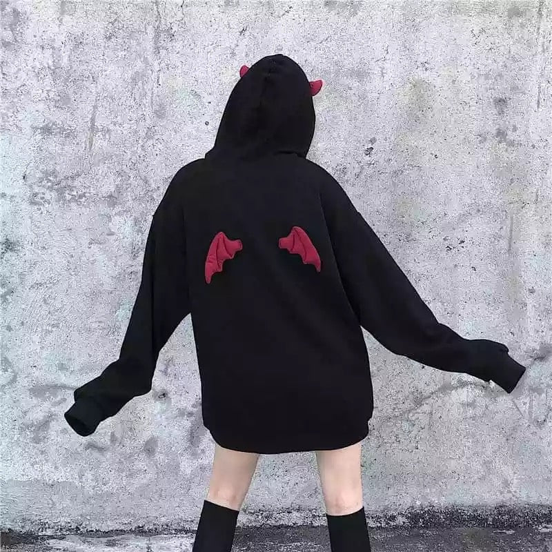 Cute Black Demon Wing Devil Horns Oversized Hoodie Long Sleeve Shirt Sweater Sweatshirt Punk Goth E-Girl Kawaii Korean Japanese Harajuku Streetwear