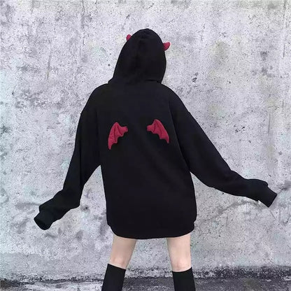 Cute Black Demon Wing Devil Horns Oversized Hoodie Long Sleeve Shirt Sweater Sweatshirt Punk Goth E-Girl Kawaii Korean Japanese Harajuku Streetwear