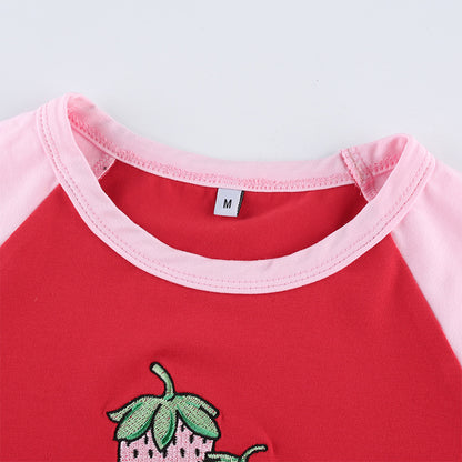 Cute Strawberry Embroidery Patchwork Short Sleeve Shirt Crop Top T-shirt Tee Casual Summer E-Girl Kawaii Korean Japanese Harajuku Streetwear