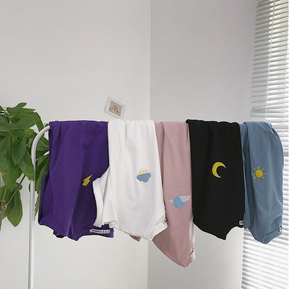Cute Casual Cartoon Moon Sun Star Cloud Embroidery Loose T-shirt Short Sleeve Tee Shirt Top E-Girl Kawaii Korean Japanese Harajuku Retro Streetwear