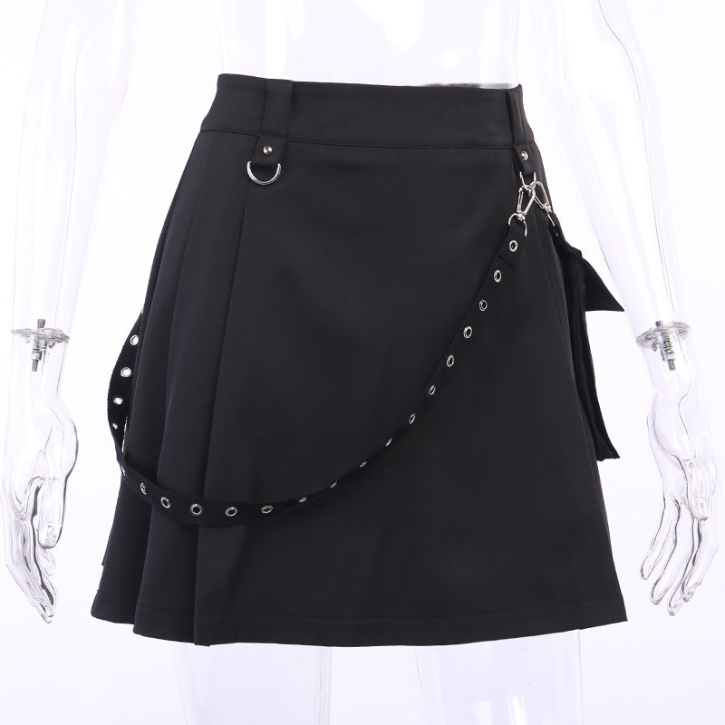 Cute Sexy Punk Goth Black High Waist Mini Skirt Patchwork Bandage Bottom E-Girl Kawaii Korean Japanese Harajuku Chinese Retro Streetwear Aesthetic