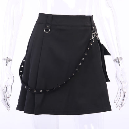 Cute Sexy Punk Goth Black High Waist Mini Skirt Patchwork Bandage Bottom E-Girl Kawaii Korean Japanese Harajuku Chinese Retro Streetwear Aesthetic