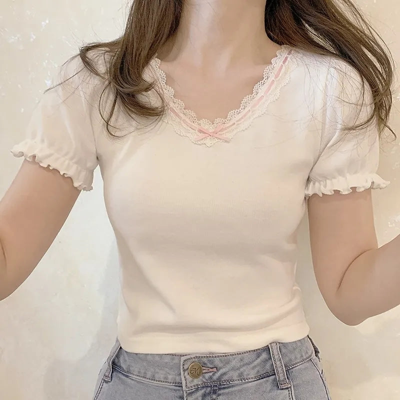 Lace Trim Bow V Neck Puff Short Sleeve Shirt