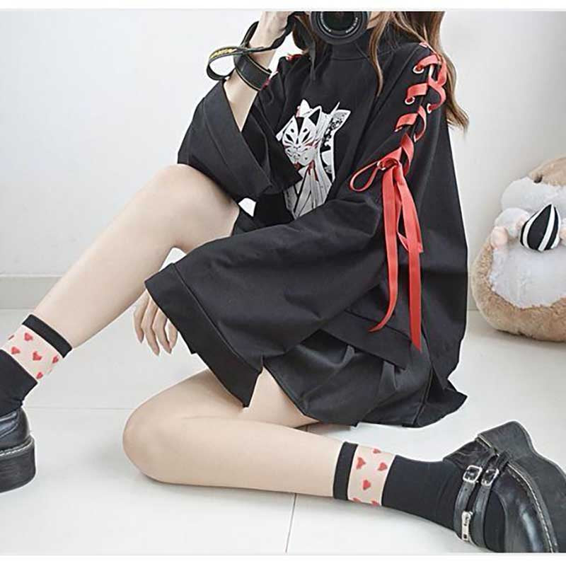 Cute Vintage Anime Fox Print Lace Up Long Sleeve Shirt Hoodie Sweatshirt Top Punk Goth E-Girl Kawaii Korean Japanese Harajuku Streetwear