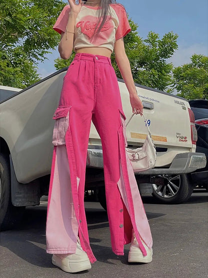 Pink Patchwork Baggy Cargo Pants