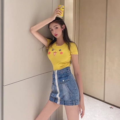 Cute Sexy Pikachu Anime Cartoon Graphic Print Crop Top Short Sleeve Shirt Aesthetic Casual E-Girl Kawaii Korean Japanese Harajuku