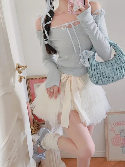 Sweet Bow Off Shoulder Long Sleeve Blouse