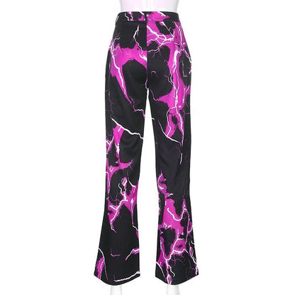 Cute Retro Vintage 90s Funky Lightning High Waisted Cargo Trousers Pants Colorful Print Aesthetic E-Girl Kawaii Korean Japanese Harajuku Streetwear