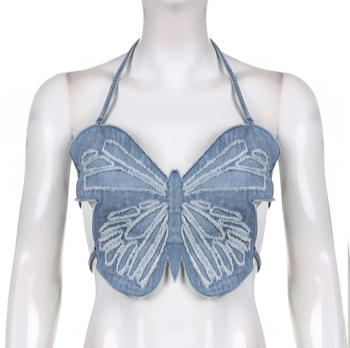 Cute Sexy Butterfly Denim Backless Crop Top Sleeveless Shirt Party Beach Summer Aesthetic Casual E-Girl Kawaii Korean Japanese Harajuku