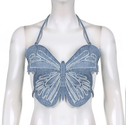 Cute Sexy Butterfly Denim Backless Crop Top Sleeveless Shirt Party Beach Summer Aesthetic Casual E-Girl Kawaii Korean Japanese Harajuku