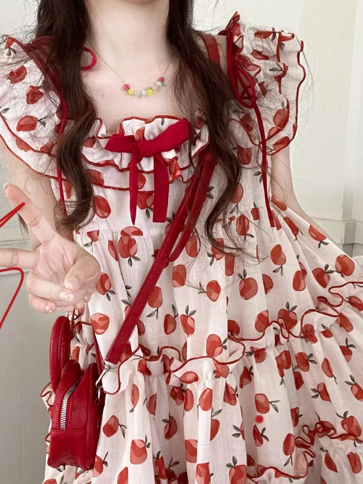 Apple Print Ruffle Mini Dress