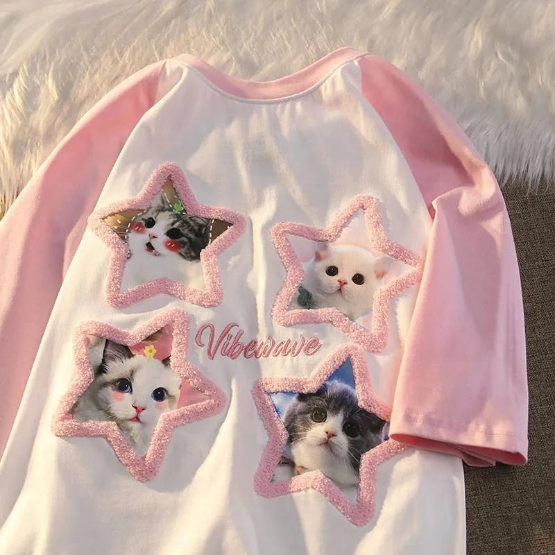 Pink Kawaii Cat Patchwork Short Sleeve T-shirt