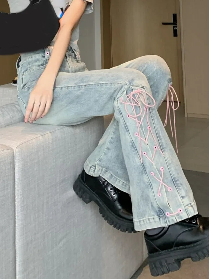 Pink Lace Up High Waist Flare Pants