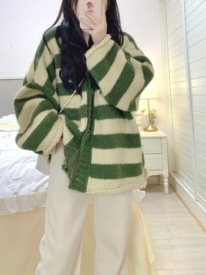 Green Stripe Loose Cardigan