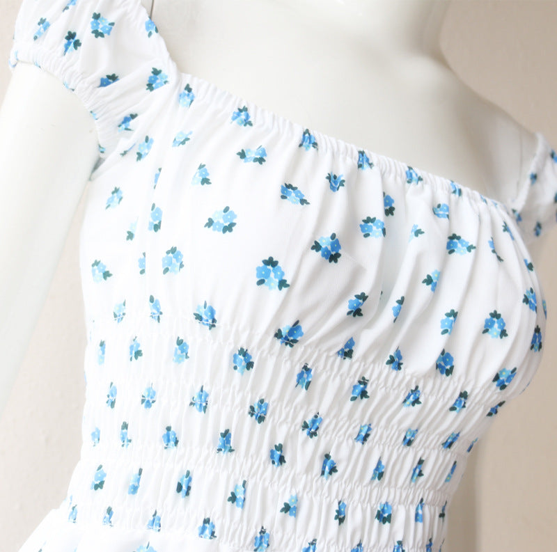 Blue Floral Puff Sleeve Mini Dress