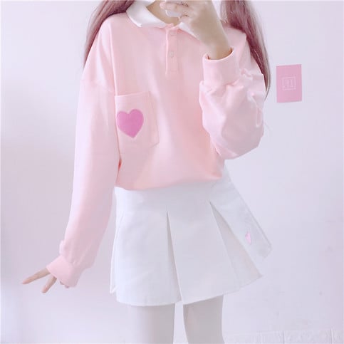 Cute Heart Embroidery Pocket Oversized Sweater Long Sleeve Shirt Pullover Hoodie Sweatshirt E-Girl Kawaii Korean Japanese Harajuku Retro Streetwear