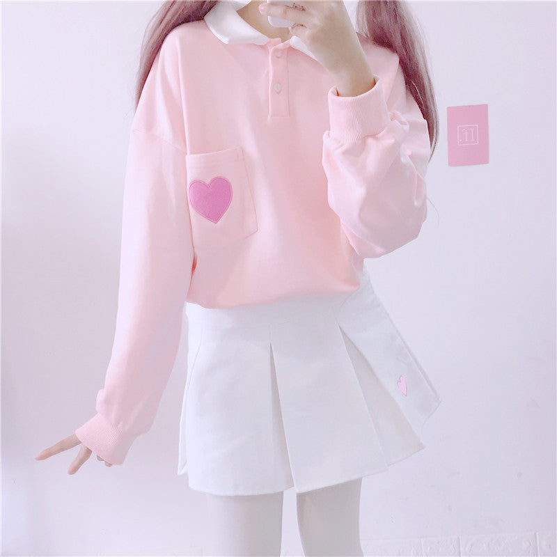 Cute Heart Embroidery Pocket Oversized Sweater Long Sleeve Shirt Pullover Hoodie Sweatshirt E-Girl Kawaii Korean Japanese Harajuku Retro Streetwear