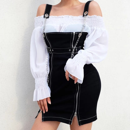 Sexy Black Casual Chain Metal Sling Belt Zipper Short Mini Dress Punk Goth E-Girl Kawaii Korean Japanese Harajuku Streetwear