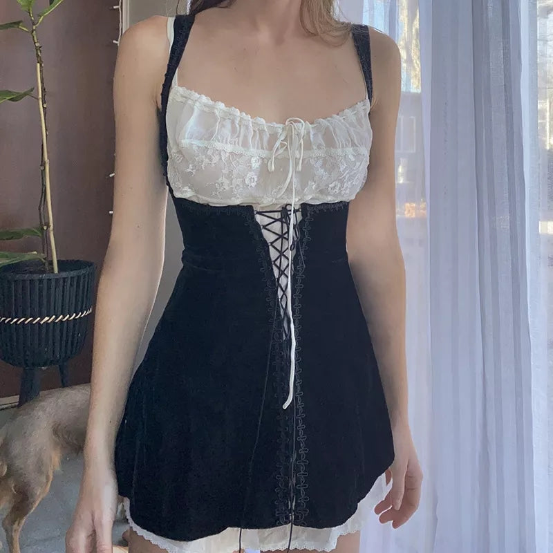 Sweet Velvet Corset Tie Up Mini Dress Summer Aesthetic Casual E-Girl Kawaii Korean Japanese Harajuku