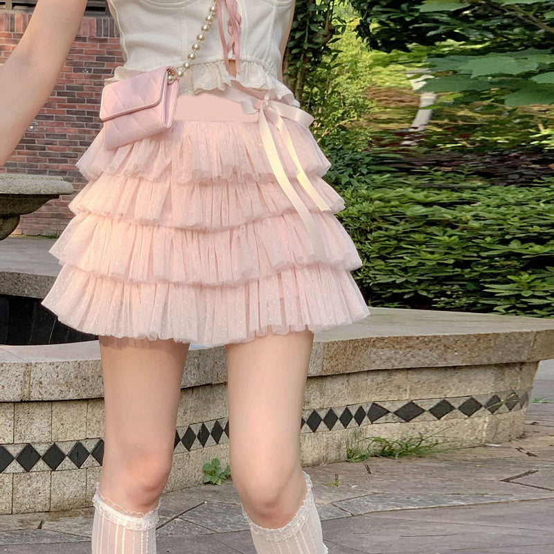 Sweet Bow Ruffle Layer Bandage A-Line Skirt