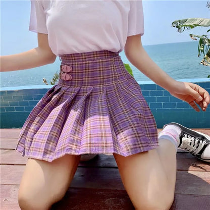 Cute Preppy Purple Plaid High Waisted Mini Skirt Summer Casual School Girl E-Girl Kawaii Korean Japanese Harajuku Streetwear