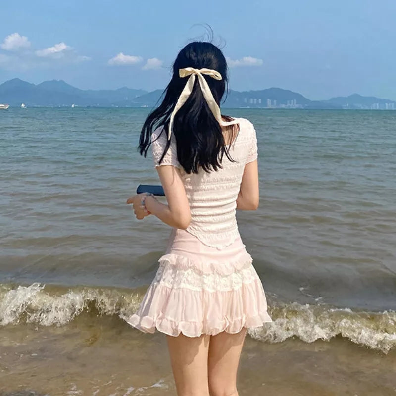 Sweet Lace Ruffle Mesh Fairycore High Waist Mini Skirt
