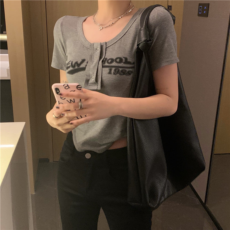 Black Graffiti Print Button Crop Top