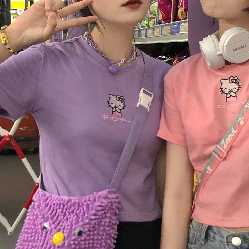 Cute Cat Kitten Embroidery Anime Cartoon Crop Top Short Sleeve Shirt T-shirt Top Summer Casual E-Girl Kawaii Korean Japanese Harajuku Streetwear
