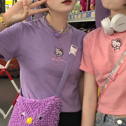 Cute Cat Kitten Embroidery Anime Cartoon Crop Top Short Sleeve Shirt T-shirt Top Summer Casual E-Girl Kawaii Korean Japanese Harajuku Streetwear