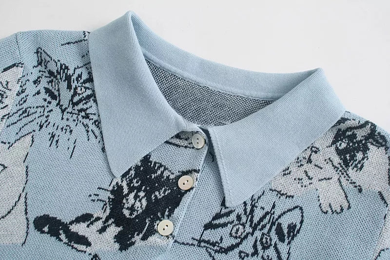 Blue Cat Knit Short Sleeve Shirt