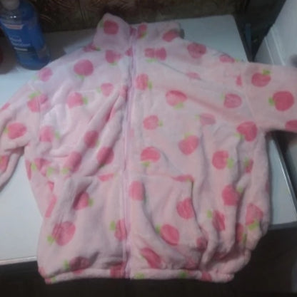 Cute Sweet Pink Peach Plush Oversized Thick Warm Jacket Zipper Hoodie Sweater Winter Autumn Aesthetic Casual E-Girl Kawaii Korean Japanese Harajuku