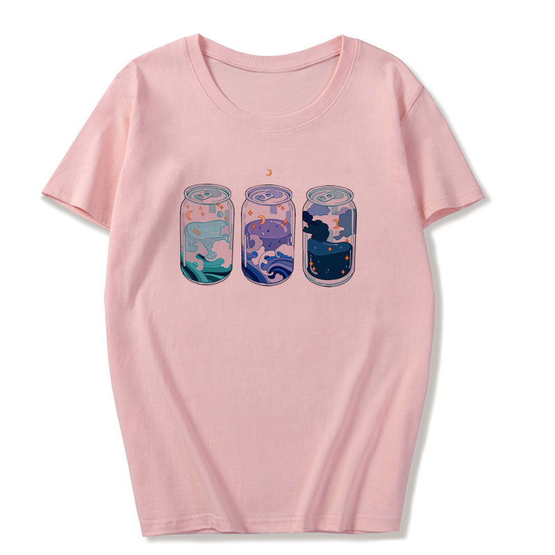 Cute Pink Milkshakes Drink Summer Pastel Print Short Sleeve Shirt Tee T-shirt E-Girl Kawaii Korean Japanese Harajuku Retro Streetwear Aesthetic