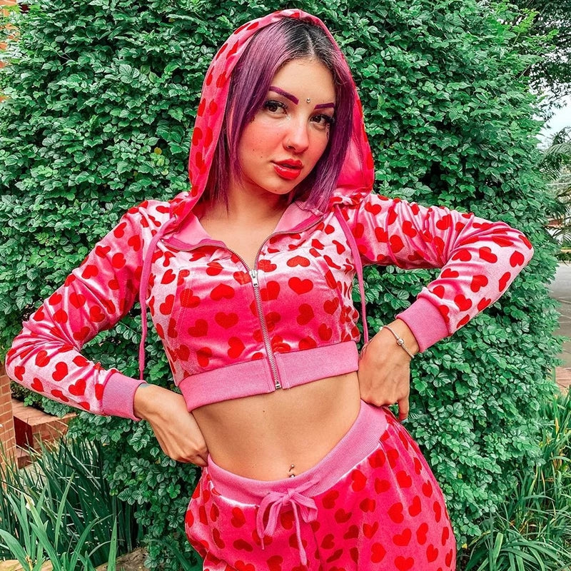 Cute Pink Heart Print Velvet Tracksuit Set Long Sleeve Cropped Hoodie + Sweatpants Aesthetic Casual Summer E-Girl Kawaii Korean Japanese Harajuku