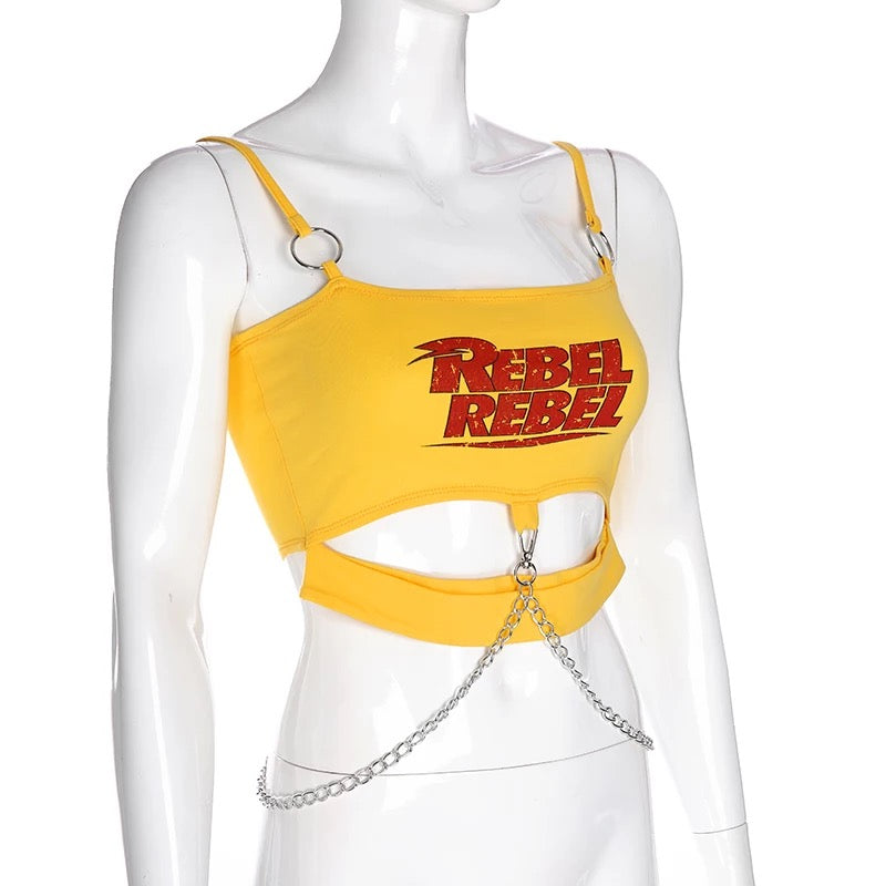 Sexy Yellow Rebel Letter Print Biker Punk Goth Hallow Out Metal Chain Crop Top Tank E-Girl Kawaii Korean Japanese Harajuku Retro Streetwear