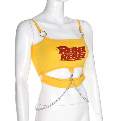 Sexy Yellow Rebel Letter Print Biker Punk Goth Hallow Out Metal Chain Crop Top Tank E-Girl Kawaii Korean Japanese Harajuku Retro Streetwear