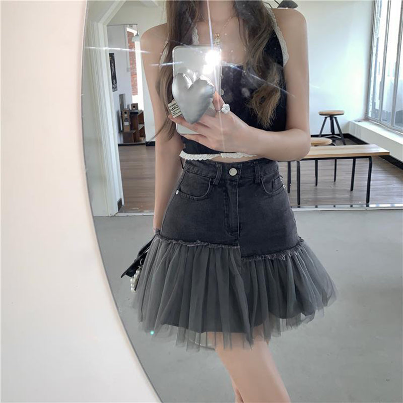 Black Tulle Patchwork Denim Skirt